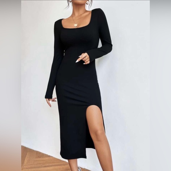 Black Long Sleeve Square Neck Split Thigh Fitted Bodycon Midi Dress - Picture 2 of 10